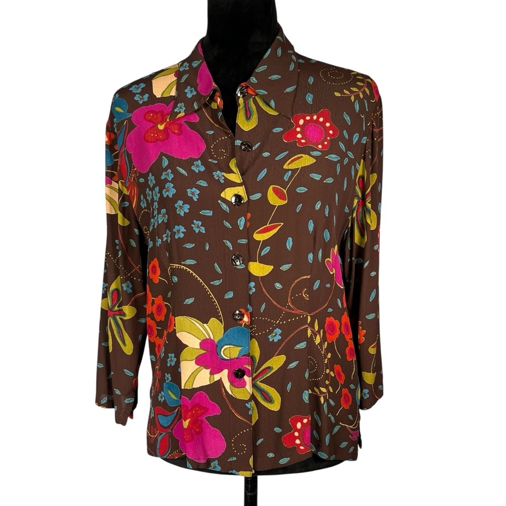 Loco Lindo Brown Floral Blouse Vintage Y2K Novelty Print Shirt Rayon Crepe Top